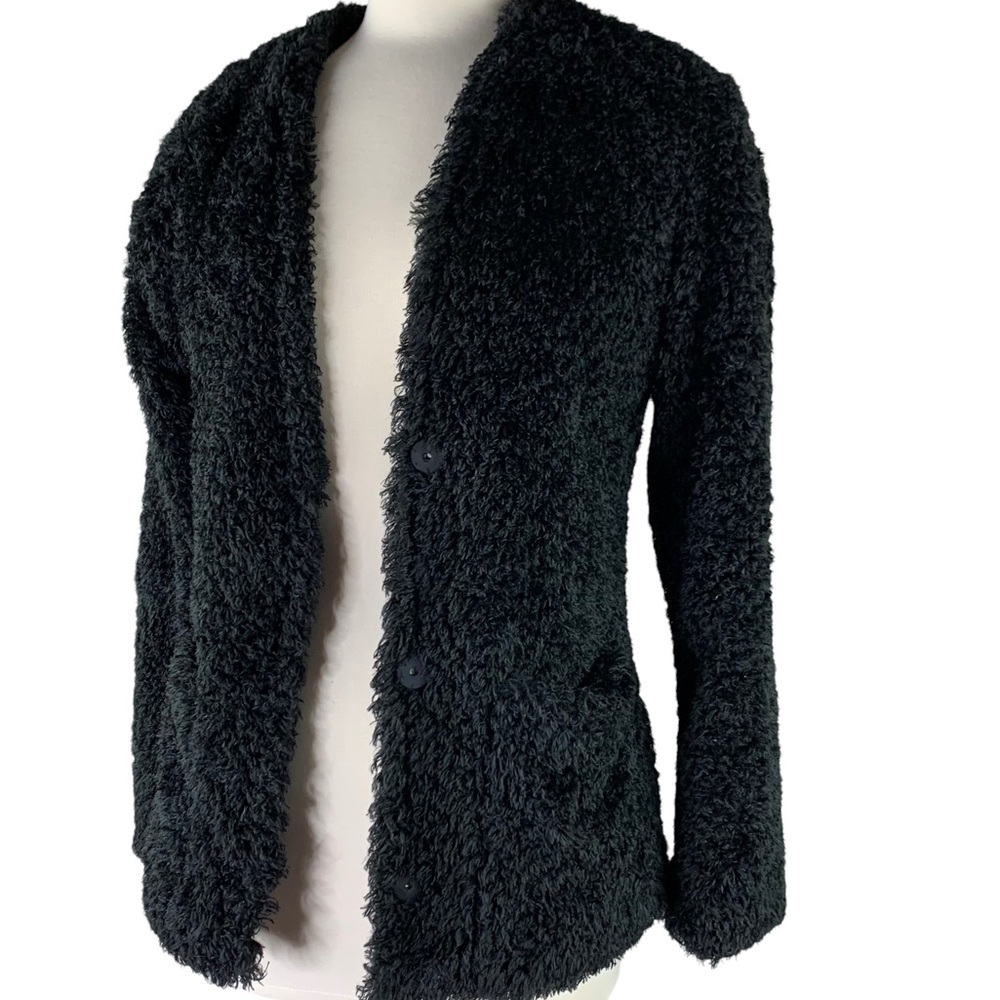 Black Lined Teddy Coat with Pockets & 3 Snap Closure Size Medium
